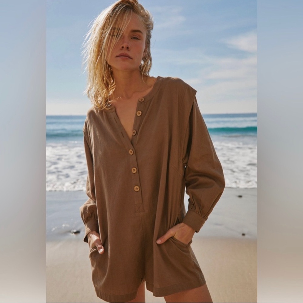 SOLD!!! Free People Brown Button-Up Linen Romper NWT! SOLD!